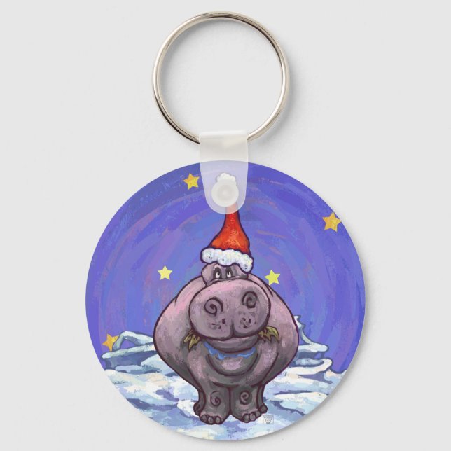 Festive Hippo Holiday Key Ring (Front)