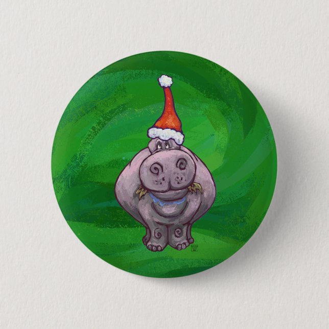 Festive Hippo On Green 6 Cm Round Badge (Front)