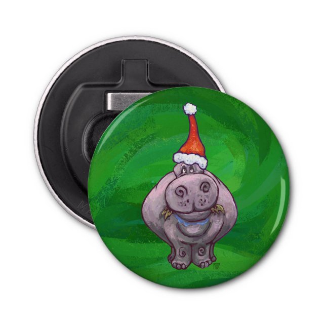 Festive Hippo On Green Bottle Opener (Front)
