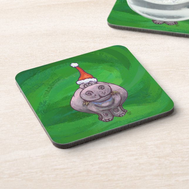 Festive Hippo On Green Coaster (Left Side)