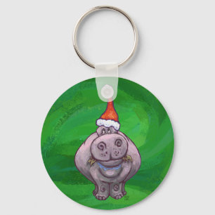 Festive Hippo On Green Key Ring