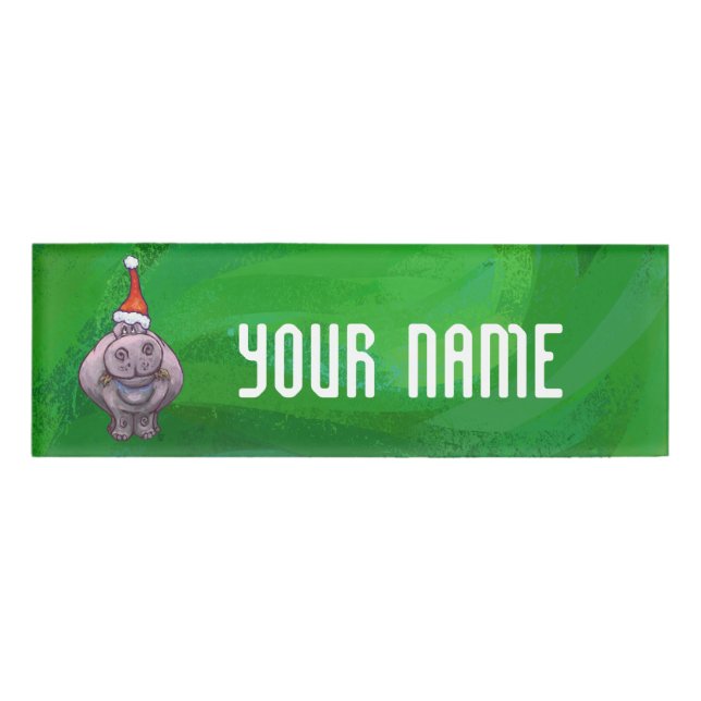 Festive Hippo On Green Name Tag (Front)