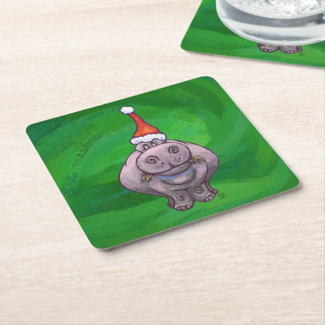 Festive Hippo On Green Square Paper Coaster (Angled)