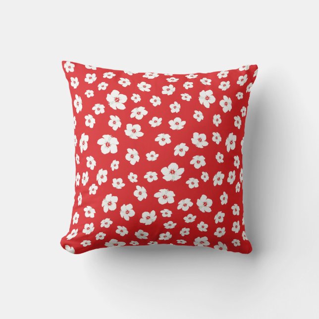 Festive Holiay Christmas Red White Hibiscus Flower Cushion (Front)