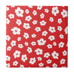 Festive Holiay Christmas Red White Hibiscus Flower Tile
