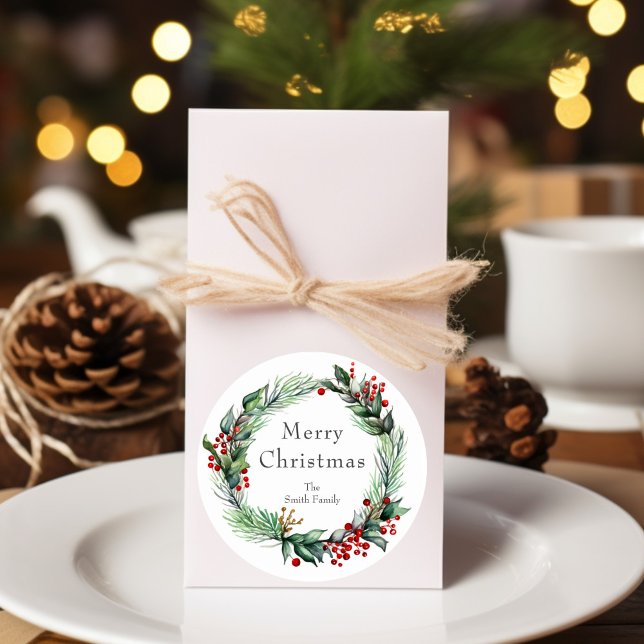 Festive Holiday Berry Wreath with Name Classic Round Sticker (Creator Uploaded)