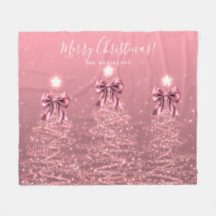 Festive Holiday Blush Pink Christmas Trees Bows Fleece Blanket