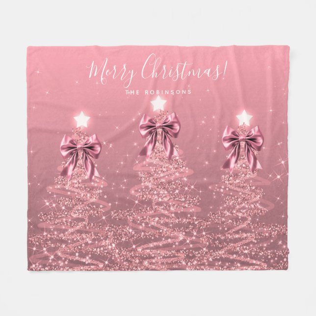 Festive Holiday Blush Pink Christmas Trees Bows Fleece Blanket (Front (Horizontal))