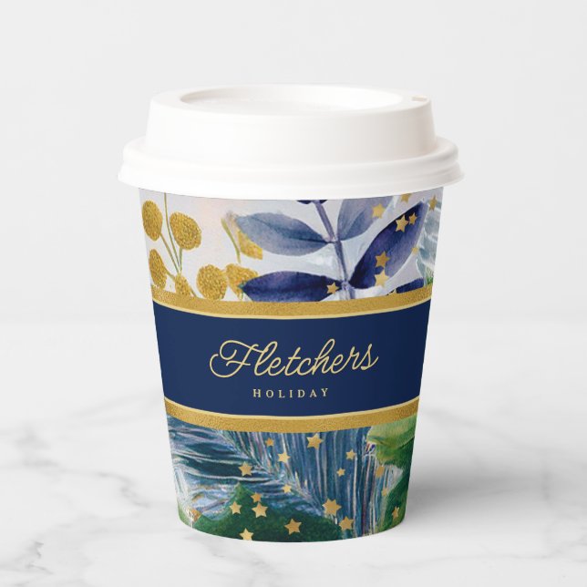 Festive Holiday Botanical Blue & Gold Sparkle Paper Cups (Front)