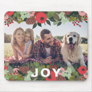 Festive Holiday Botanical Joy Type Christmas Photo Mouse Mat