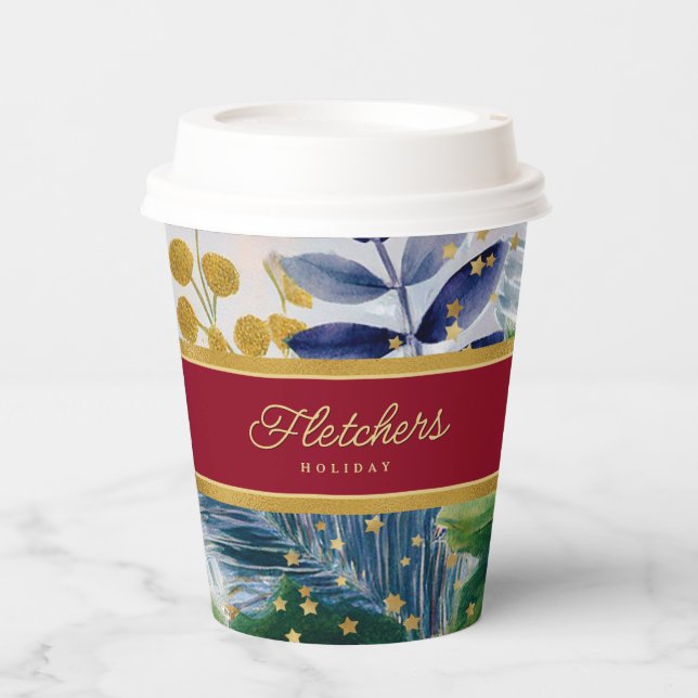 Festive Holiday Botanical Red & Gold Sparkle Paper Cups (Front)