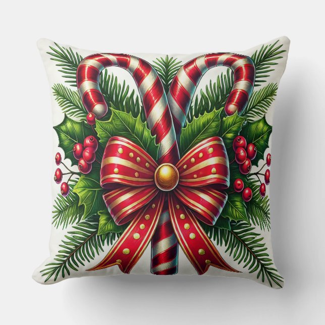 Festive Holiday Candy Canes with Holly Cushion (Front)