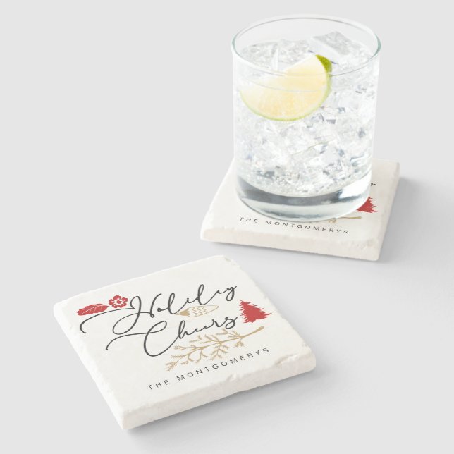 Festive Holiday Cheers Red Holly Christmas  Stone Coaster (Side)
