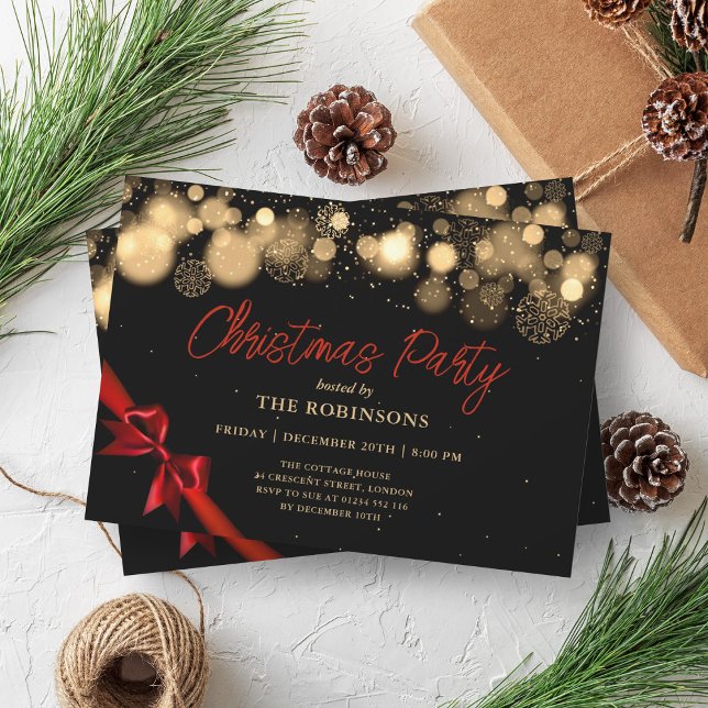 Festive Holiday Christmas Glow Gold & Red Ribbon  Invitation (Festive Holiday Christmas Glow Gold & Red Ribbon Invitation)