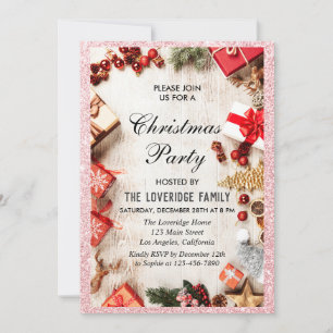 Festive Holiday Christmas Party Rose Gold Glitter Invitation