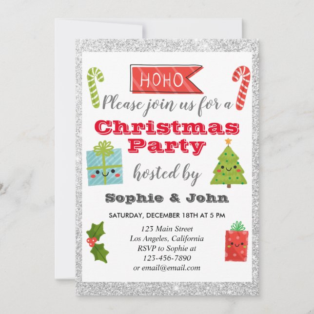 Festive Holiday Christmas Party Silver Glitter Invitation (Front)