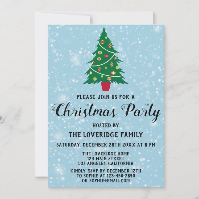 Festive Holiday Christmas Party Tree Blue Snow Invitation (Front)