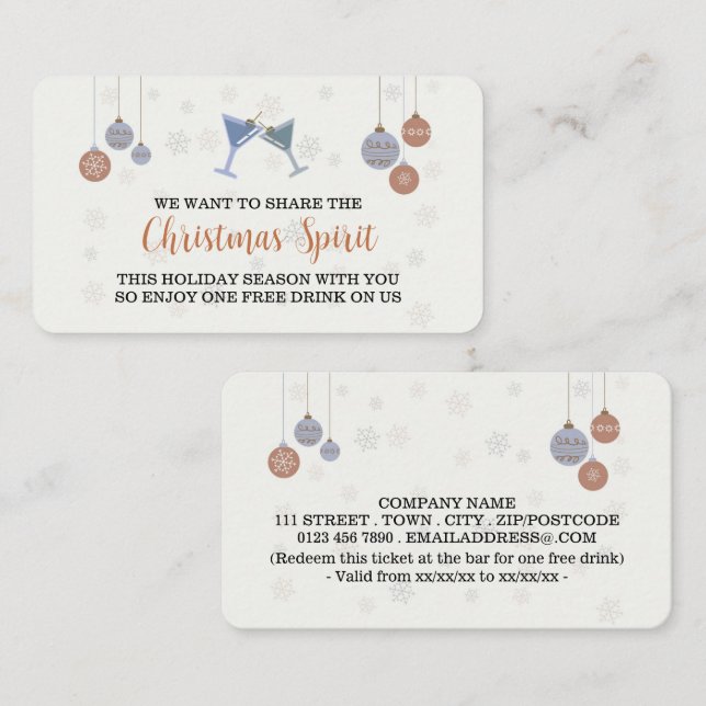 Festive Holiday "Christmas Spirit" Drinks Ticket Enclosure Card (Front/Back)