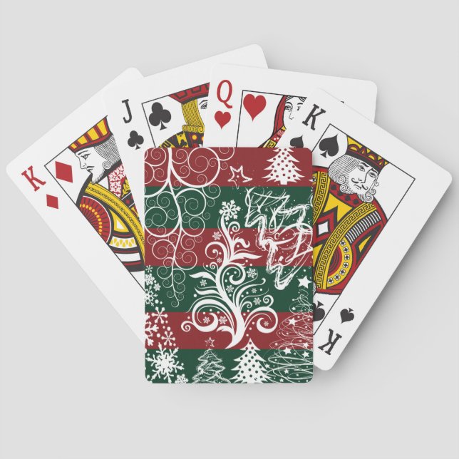 Festive Holiday Christmas Tree Red Green Striped Playing Cards (Back)