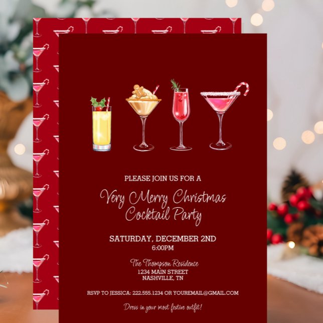Festive Holiday Cocktail Party Christmas Invitation (Festive Red Christmas Cocktail Party Invitation, Holiday Party Drinks, Martinis, Pink)