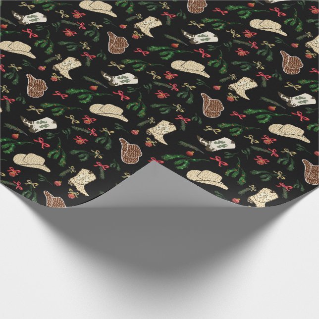 Festive Holiday Cowboy Rodeo Pattern Black Wrapping Paper (Corner)