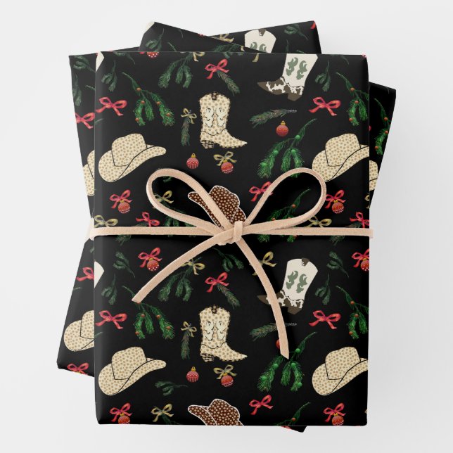 Festive Holiday Cowboy Rodeo Pattern Black Wrapping Paper Sheet (In situ)