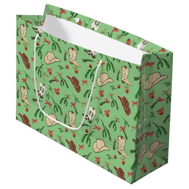 Festive Holiday Cowboy Rodeo Pattern Sage Large Gift Bag (Front Angled)
