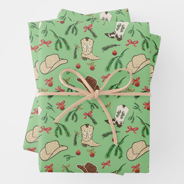 Festive Holiday Cowboy Rodeo Pattern Sage Wrapping Paper Sheet (In situ)