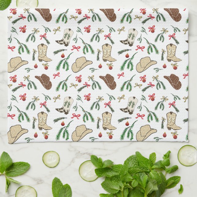 Festive Holiday Cowboy Rodeo Pattern White Tea Towel (Folded)