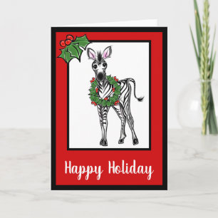 Festive Holiday cute Zebra drawing holly leaves Card