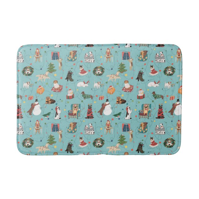 Festive Holiday Dogs in Christmas Sweaters Pattern Bath Mat (Front)