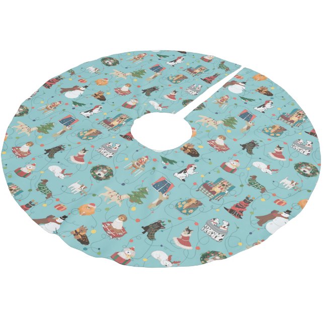 Festive Holiday Dogs in Christmas Sweaters Pattern Brushed Polyester Tree Skirt (Angled)