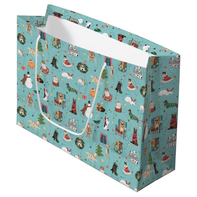 Festive Holiday Dogs in Christmas Sweaters Pattern Large Gift Bag (Front Angled)