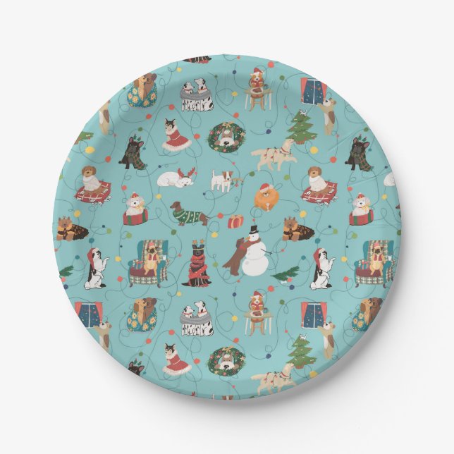 Festive Holiday Dogs in Christmas Sweaters Pattern Paper Plate (Front)