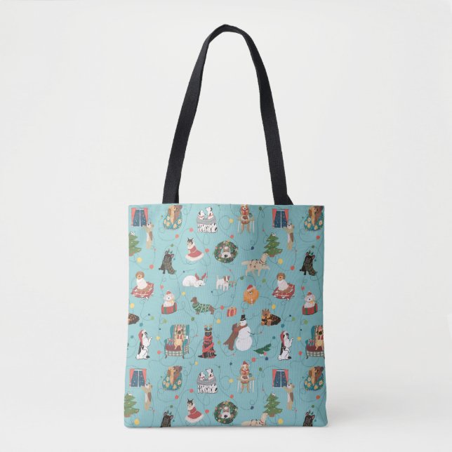 Festive Holiday Dogs in Christmas Sweaters Pattern Tote Bag (Front)