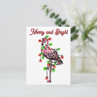 Festive holiday Flamingo  red green Xmas lights Postcard