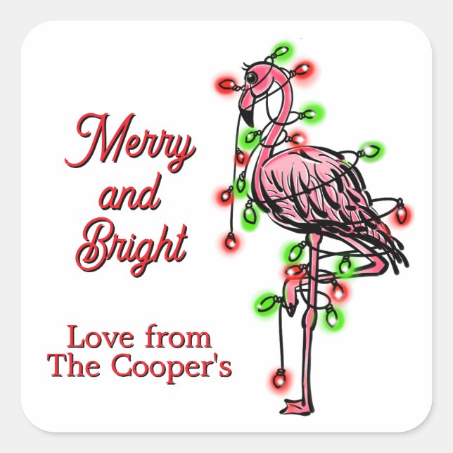 Festive holiday Flamingo  red green Xmas lights Square Sticker (Front)