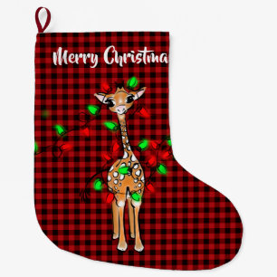 Festive Holiday Giraffe  buffalo plaid Large Christmas Stocking