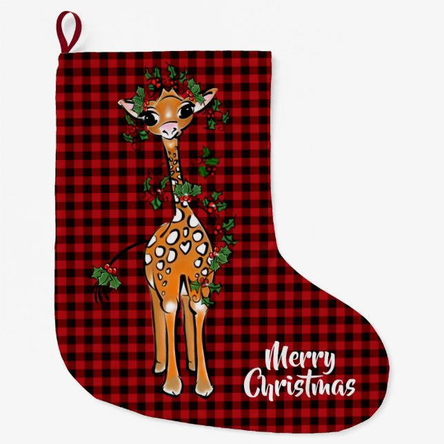 Festive Holiday Giraffe, garland,  buffalo plaid Large Christmas Stocking (Front)
