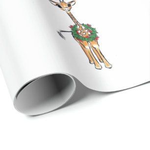 Festive Holiday  Giraffe - green-red Holly wreath Wrapping Paper