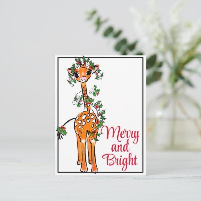 Festive holiday Giraffe | red green Xmas garland Postcard (Standing Front)