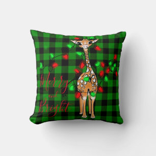 Festive Holiday Giraffe,  twinkle light,  plaid Cushion