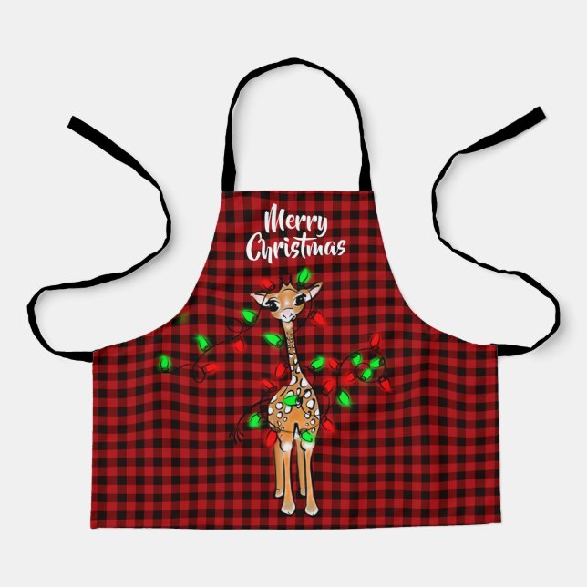 Festive Holiday Giraffe, twinkle light, red plaid Apron (Front)