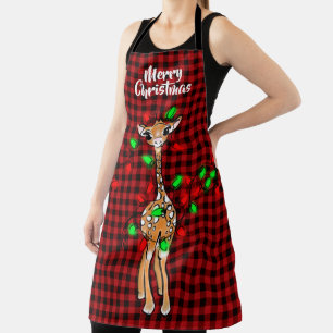 Festive Holiday Giraffe, twinkle light, red plaid Apron