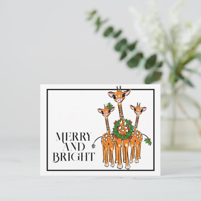 Festive holiday giraffes | red green Xmas wreath   Postcard (Standing Front)