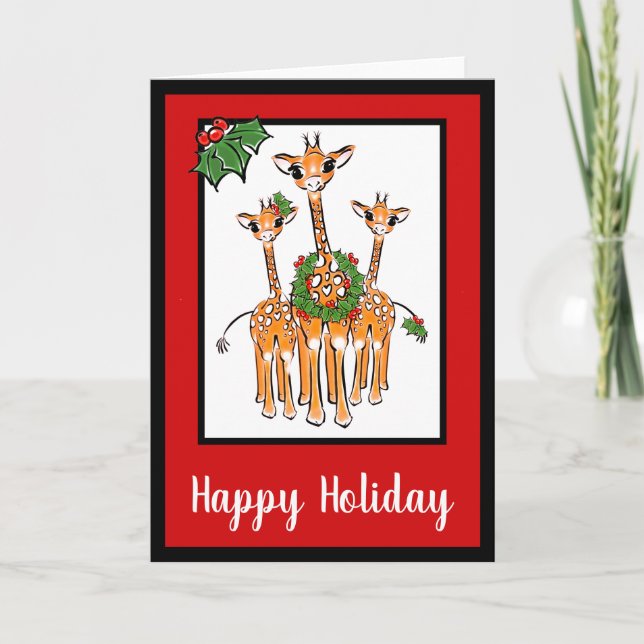 Festive Holiday Giraffes with Holly wreath (Front)