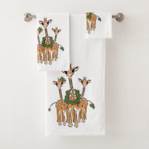 Festive Holiday Giraffes with Holly wreath Bath Towel Set