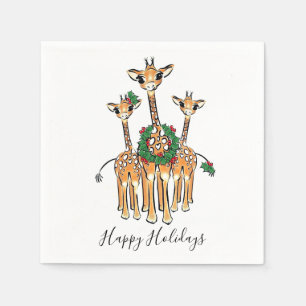 Festive Holiday Giraffes with Holly wreath Napkin