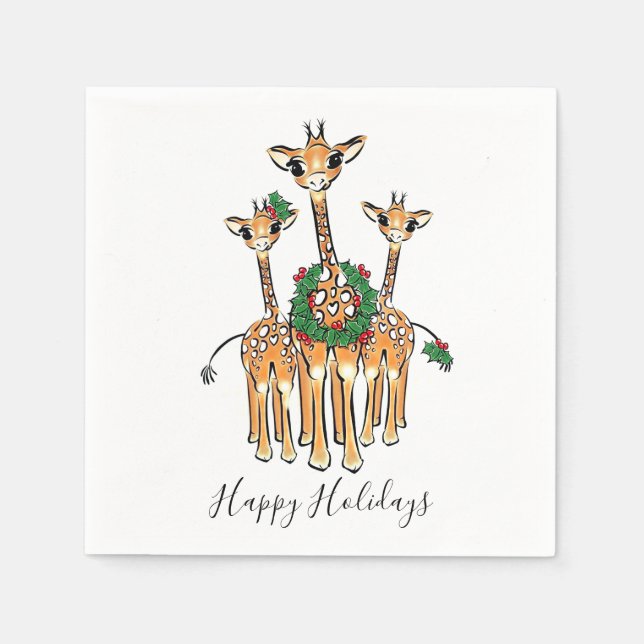 Festive Holiday Giraffes with Holly wreath Napkin (Front)