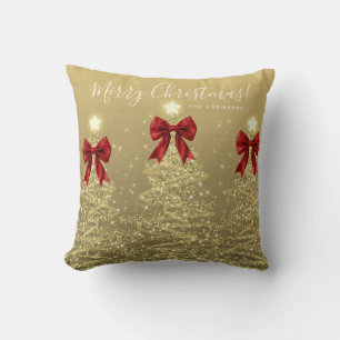 Festive Holiday Gold Christmas Trees Red w/ Name Cushion